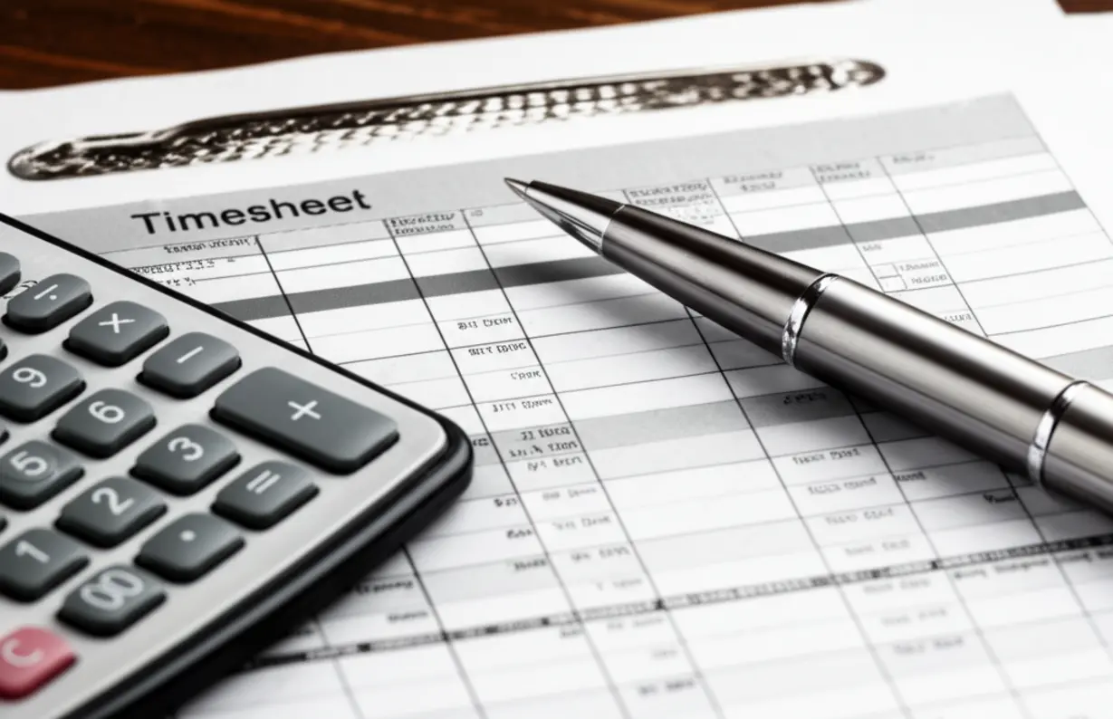 Calculator,-pen,-and-timesheet-showing-overtime/night/weekend-hours,-symbolizing-calculation-of-allowances-and-employee-rights.