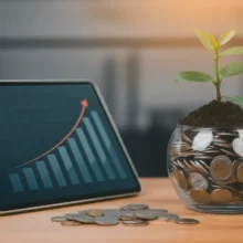 Piggy-bank-with-Korean-Won-and-plant-sprouts-next-to-a-tablet-showing-financial-growth,-symbolizing-ISA-account-benefits.