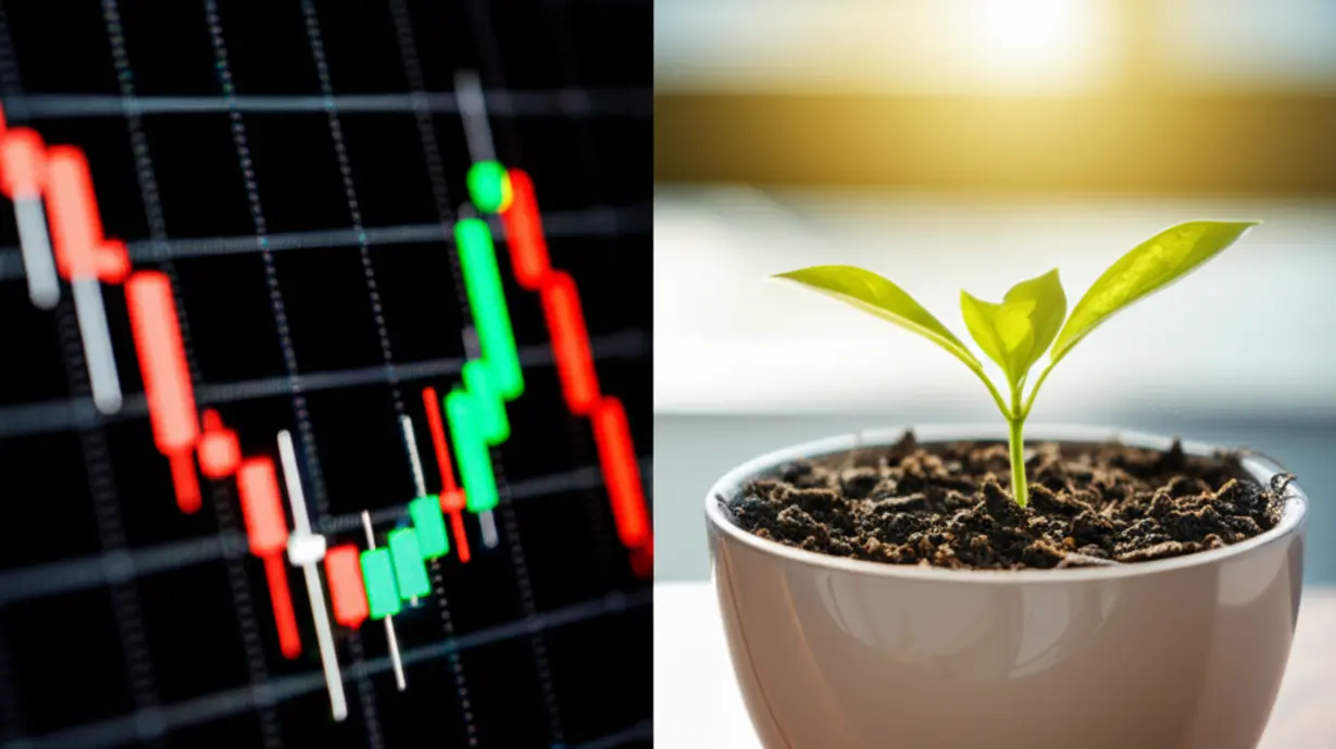 Split-image-comparing-a-volatile-stock-graph-with-a-steadily-growing-plant,-representing-investment-risk-versus-long-term-stability.