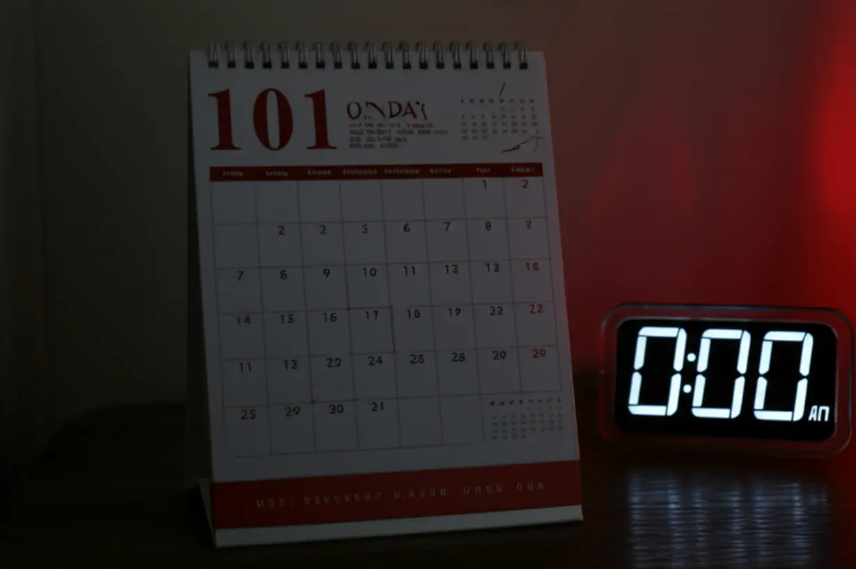 Calendar-showing-Sunday-and-clock-showing-early-morning-hour,-representing-night-and-holiday/weekend-work.