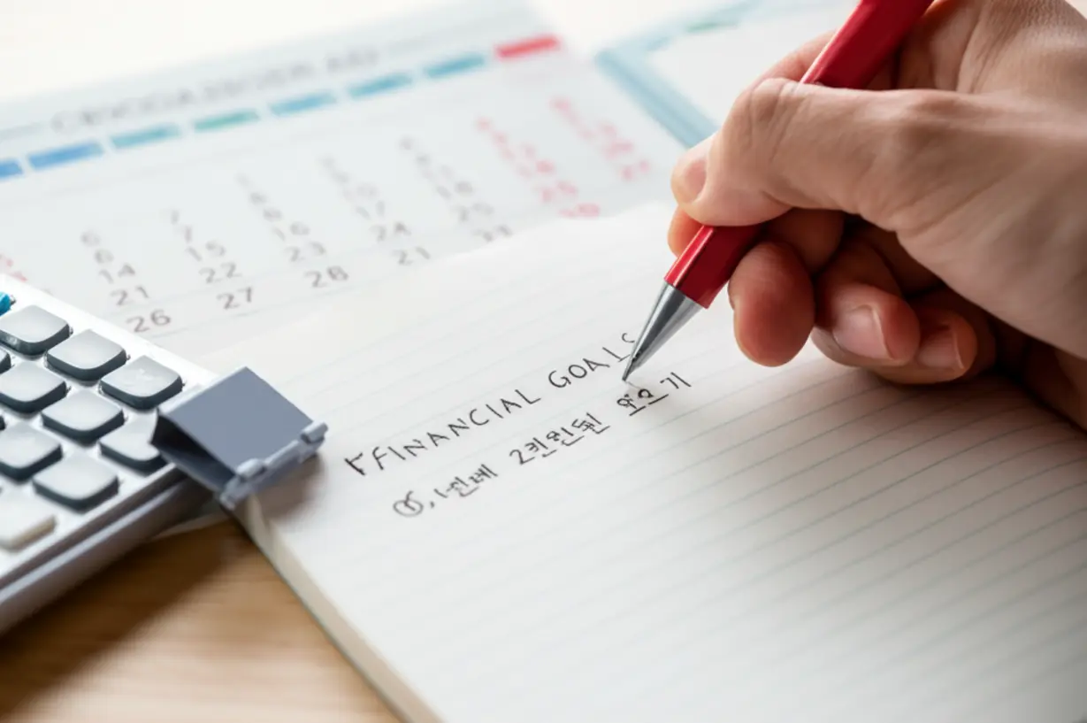 Hand-writing-specific-financial-goals-on-a-notepad-next-to-a-calculator-and-calendar.