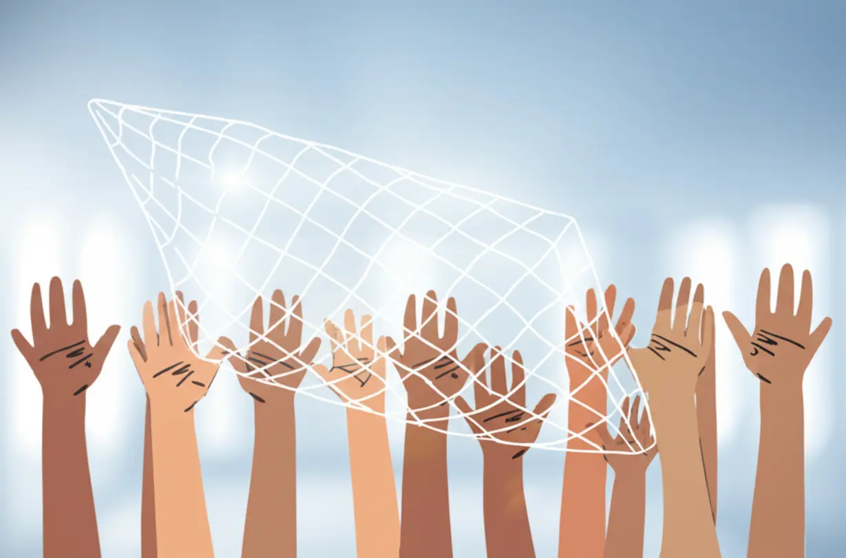 Diverse-hands-reaching-for-a-safety-net,-symbolizing-the-support-provided-by-the-near-poverty-class-system.