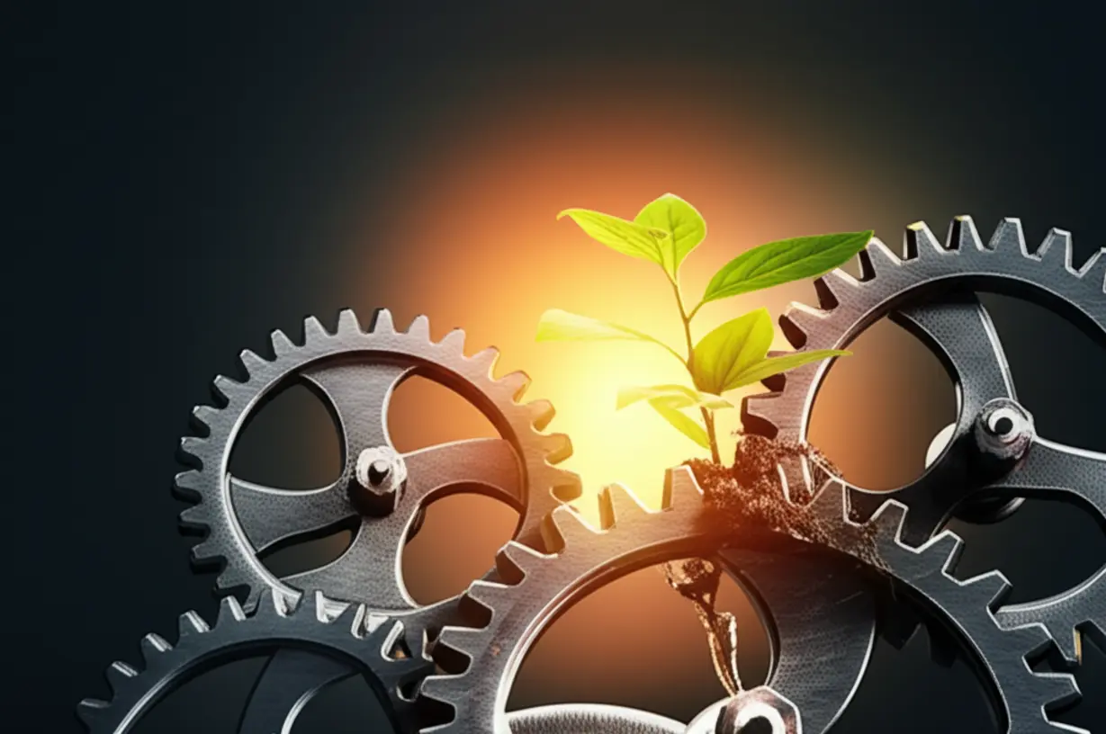 맞물려-돌아가는-기어-중앙에서-새싹이-자라나는-추상적-이미지,-정부-정책과-금융사-마케팅의-시너지-효과를-상징