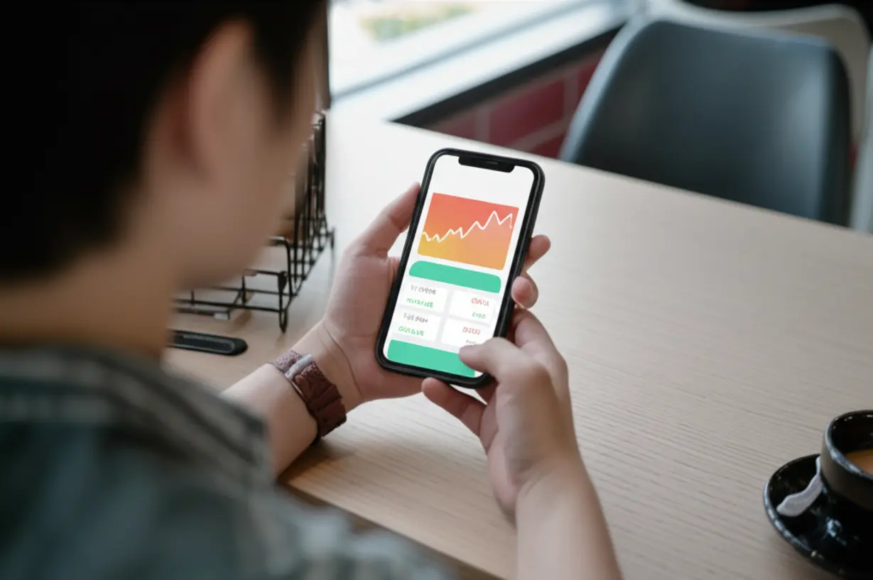 카페에-앉아-스마트폰-금융-앱을-집중해서-보고-있는-젊은-투자자의-모습,-MZ세대-투자를-상징하는-이미지