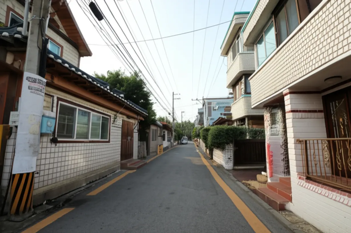 Quiet-street-lined-with-older-Korean-houses-and-small-buildings-suitable-for-the-Street-Housing-Maintenance-Project.