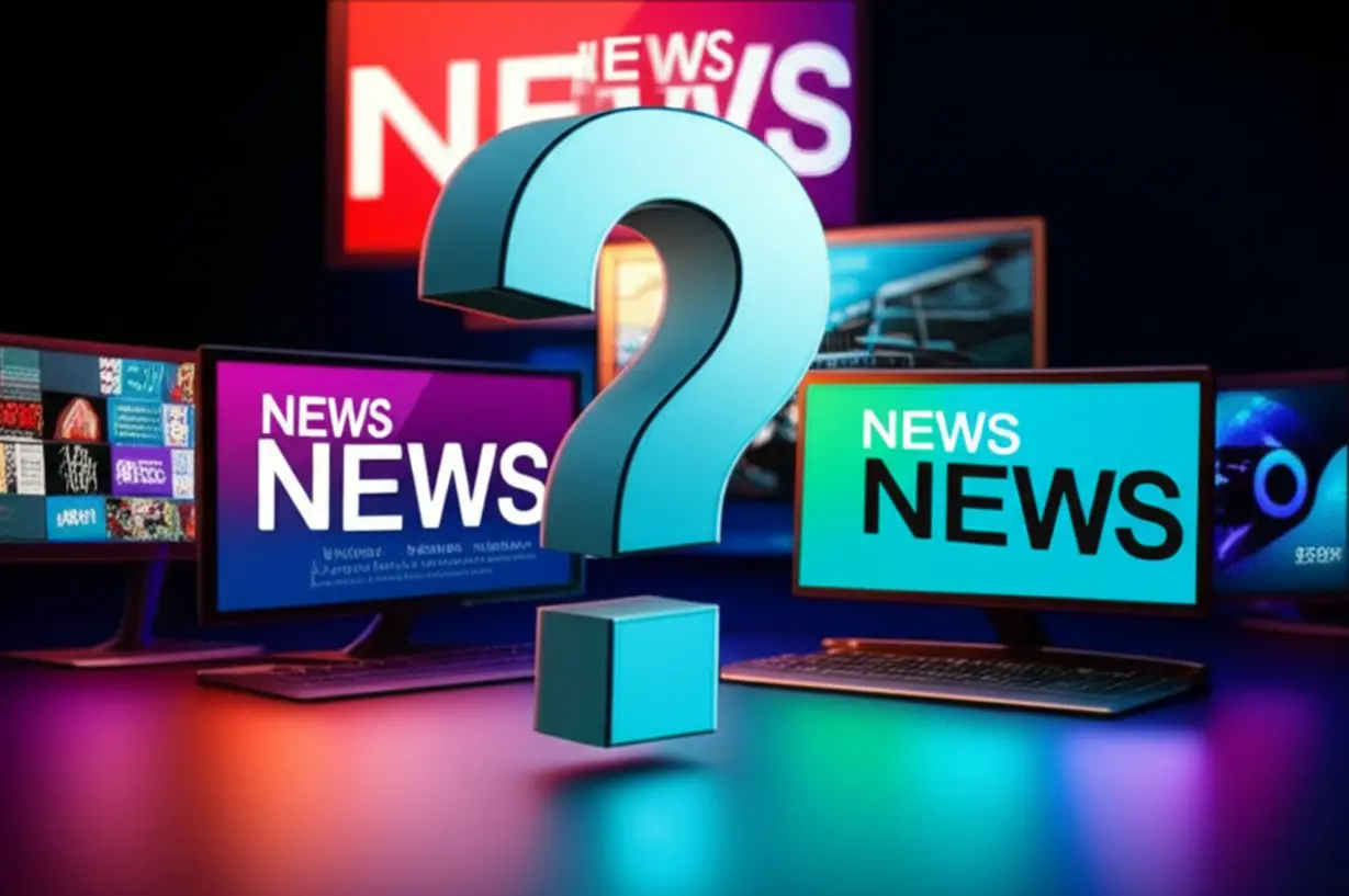 Multiple-screens-showing-news-headlines-about-potential-company-acquisition-with-a-question-mark-symbol.