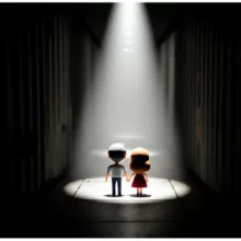Cute-3D-illustration-of-a-couple-moving-from-a-dark,-humble-space-towards-a-bright-stage.