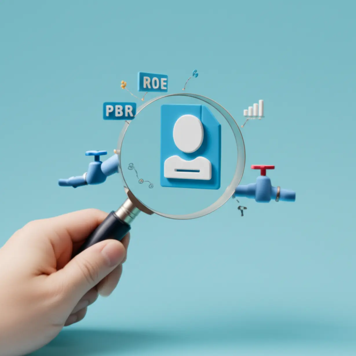 Cute-3D-illustration-showing-a-magnifying-glass-over-company-data,-with-charts-and-valuation-metrics.