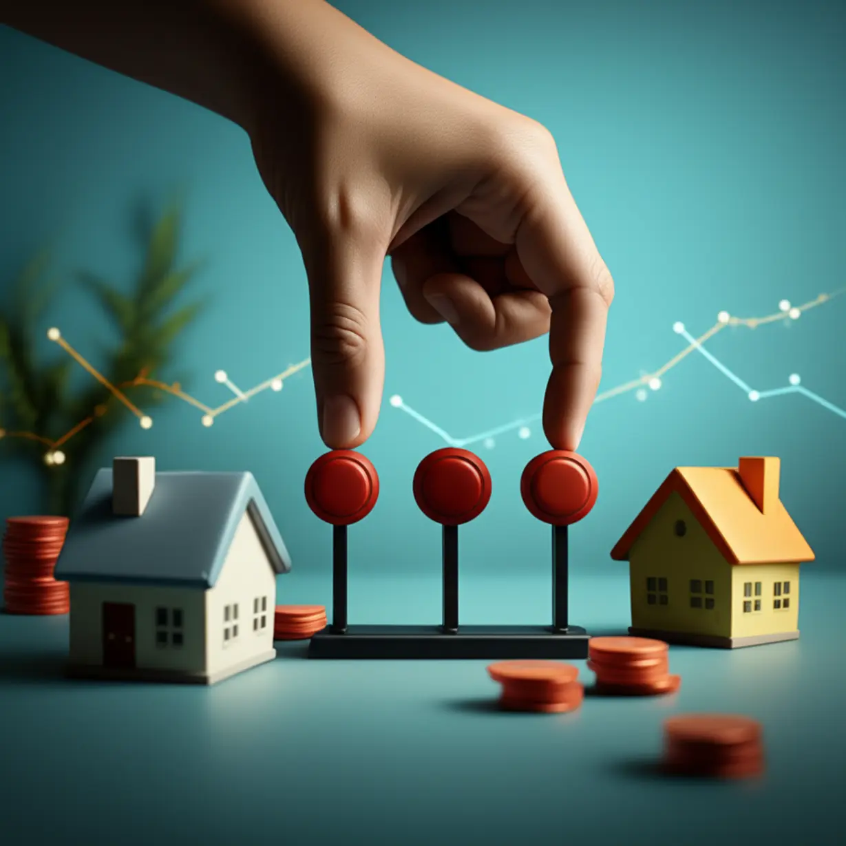 Cute-3D-image-showing-symbolic-hands-adjusting-policy-levers-that-affect-miniature-houses-and-stock-charts,-representing-government-influence-on-markets.