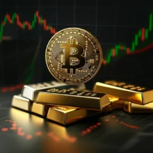 Cute-3D-illustration-showing-Bitcoin,-silver-bars,-and-gold-bars-on-a-graph.