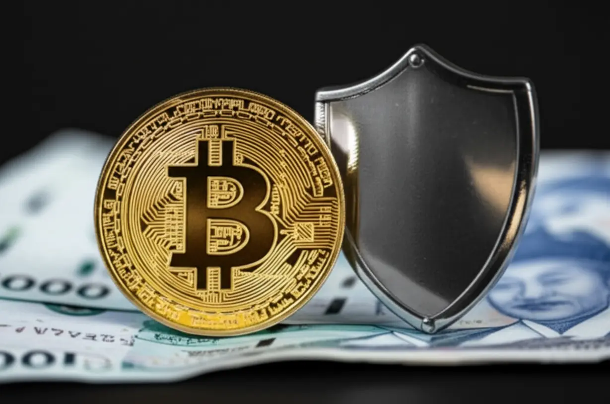 Cute-3D-image-showing-Bitcoin-with-Korean-Won-banknotes-and-a-shield.