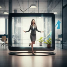 3D-illustration-of-a-woman-moving-between-broadcasting-and-corporate-environments.