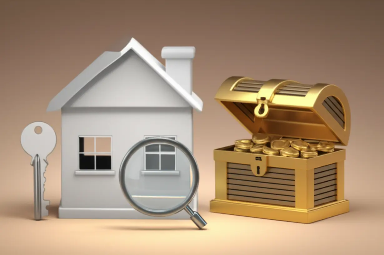 내-집을-사거나-전월세를-구할-때-공인중개사의-도움으로-좋은-매물을-찾는-모습을-나타내는-귀여운-3D-일러스트.-열쇠가-있는-집과-보물-상자를-찾는-돋보기-아이콘이-있습니다.