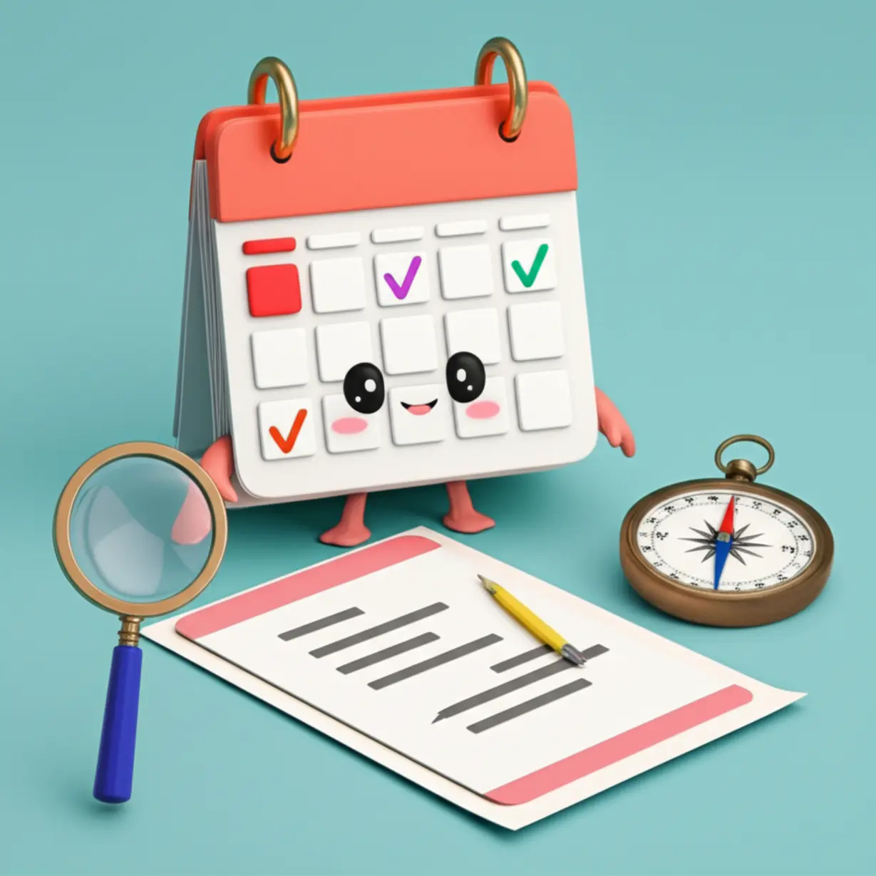 앞으로의-내-집-마련-계획을-신중하게-세우는-모습을-상징하는-귀여운-3D-달력,-돋보기,-나침반-이미지입니다.-미래-계획-안내에-적합합니다.