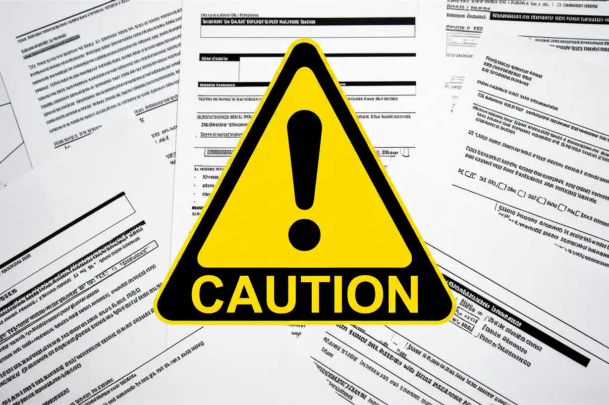 복잡한-부동산-서류-위에-경고-표시가-있는-모습