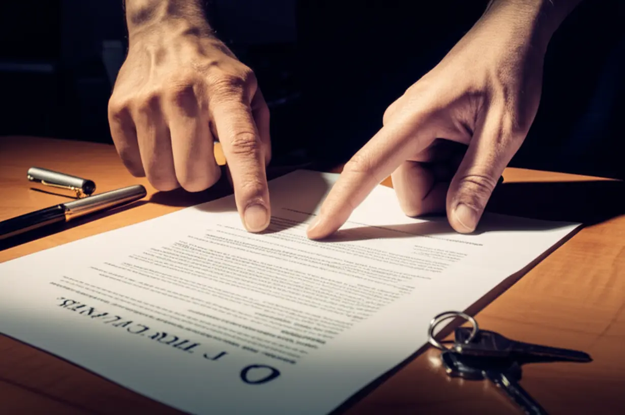 Hands-point-at-a-document,-symbolizing-the-review-of-important-paperwork-like-the-real-estate-register-during-a-rental-process.