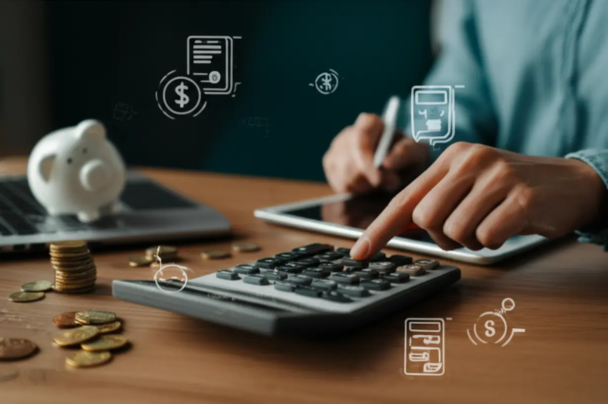 A-hand-using-a-budgeting-app-on-a-tablet,-surrounded-by-expense-and-savings-icons.