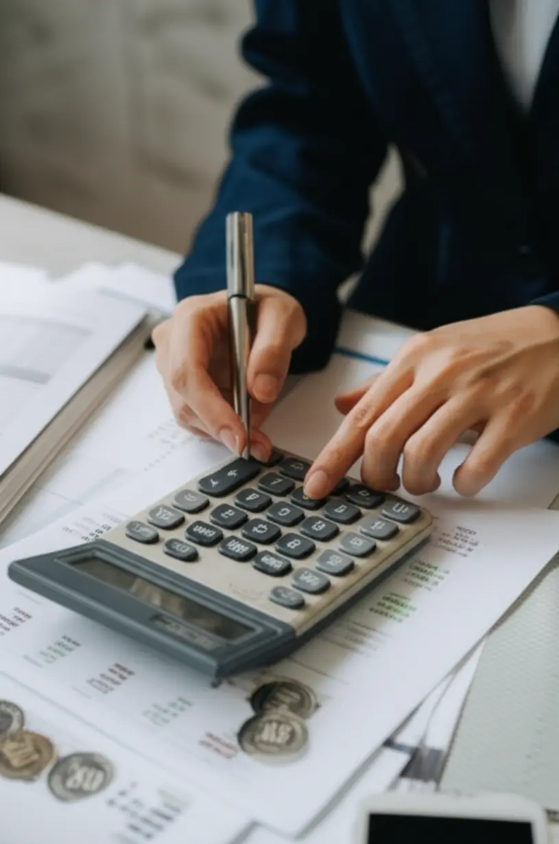 Hands-using-a-calculator-over-real-estate-documents,-symbolizing-the-costs-and-taxes-involved.