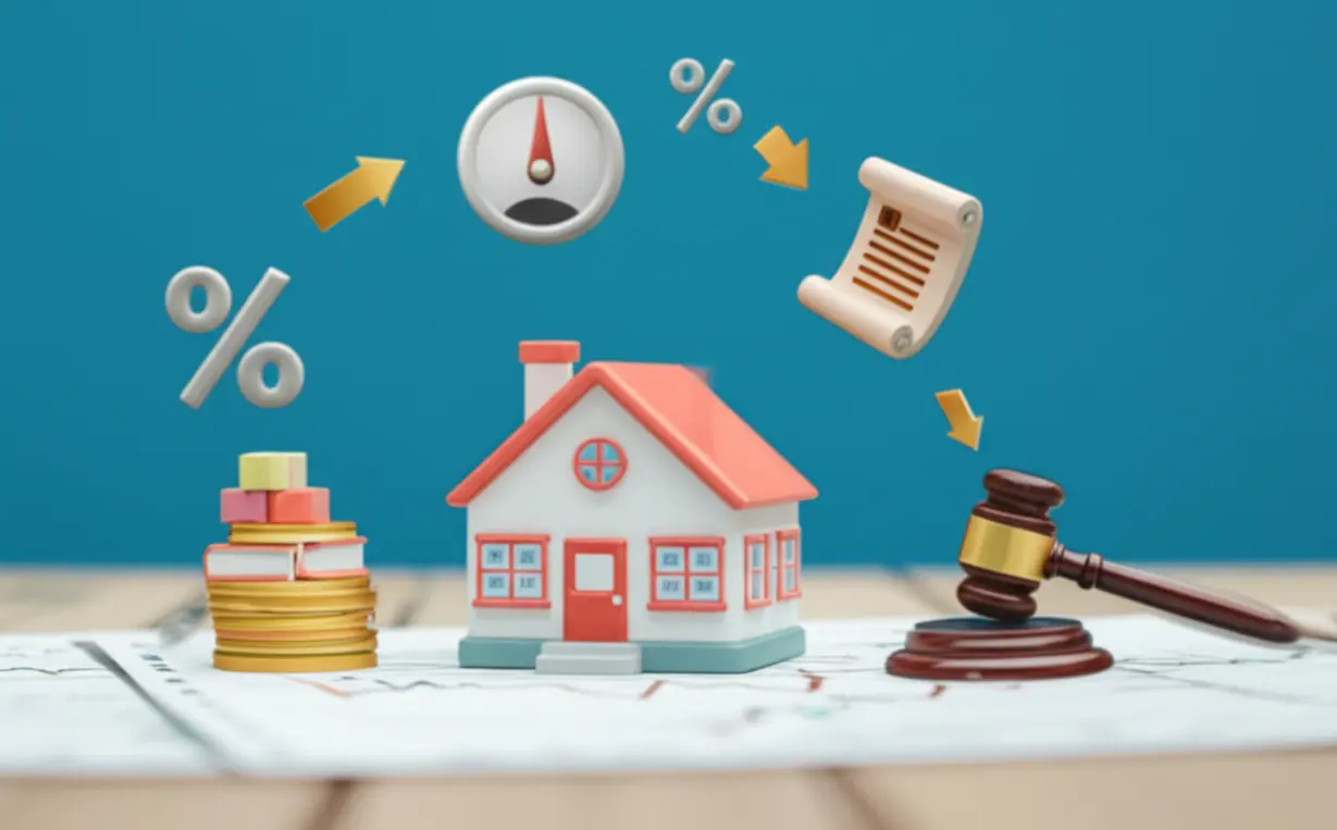 Cute-3D-image-representing-the-current-real-estate-market-influenced-by-factors-like-interest-rates,-supply,-and-policy-adjustments.