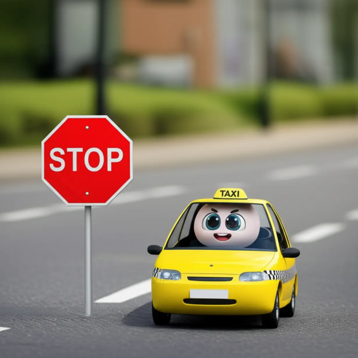 도로를-막고-있는-표지판-앞의-귀여운-3D-자율주행-택시-이미지.-한국의-규제-상황을-상징합니다.