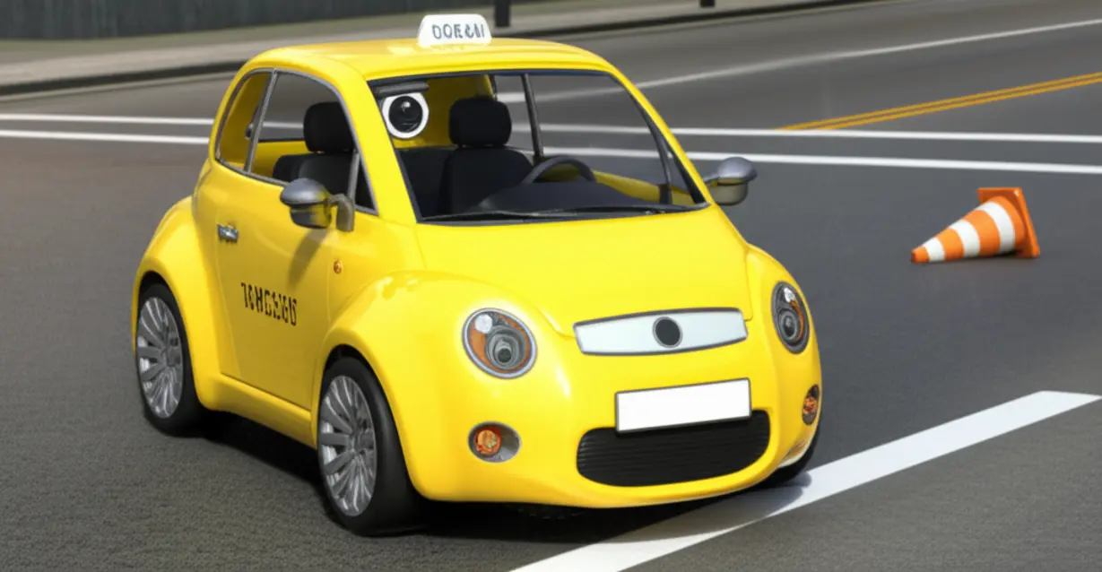 약간-혼란스러워-보이는-귀여운-3D-테슬라-자율주행-로보택시-이미지.-현재-나타나는-오류들을-표현합니다.