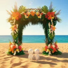 하와이-해변에서-조용히-결혼식을-올린-손은서-장원석-부부의-모습을-상징하는-귀여운-3D-이미지.-아름다운-해변과-작은-결혼식-아치가-보입니다.