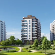 푸른-잔디와-나무로-둘러싸인-현대적인-용인-남동-푸르지오-아파트-단지의-귀여운-3D-일러스트.-깔끔한-건물과-편안한-환경을-보여줍니다.