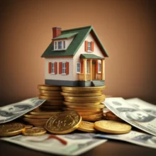 Cute-3D-rendering-of-a-house-on-a-pile-of-money,-symbolizing-financial-stability-in-old-age.