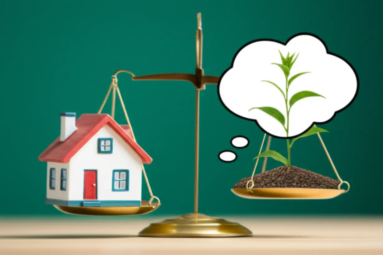 Cute-3D-rendering-showing-a-house-on-a-scale-balanced-against-a-thought-bubble-with-a-money-plant,-representing-weighing-options-before-joining.