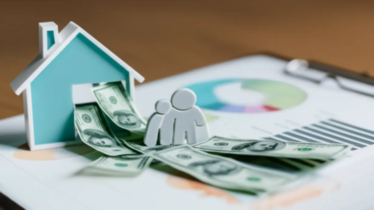 Cute-3D-rendering-showing-money-flowing-from-a-house-icon-on-a-chart,-with-amounts-varying-based-on-house-value-and-an-elder-icon,-representing-payment-calculation.