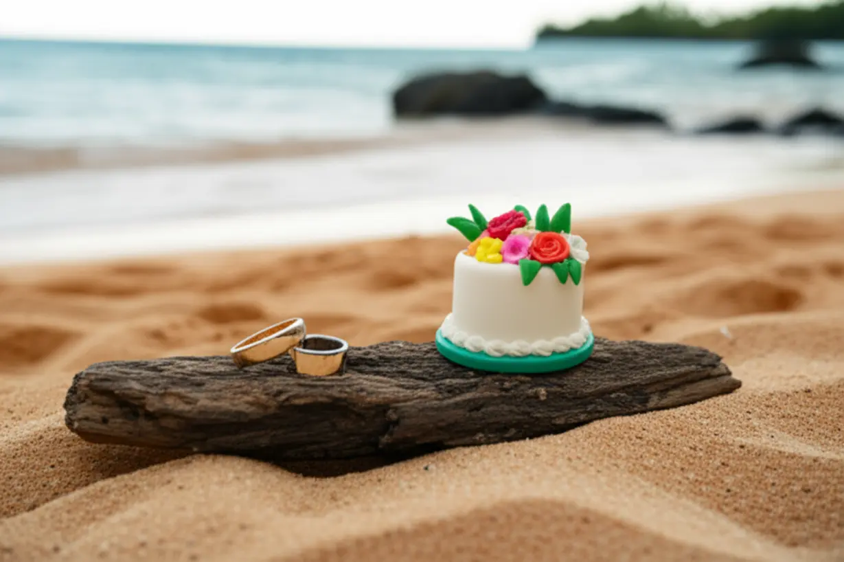 하와이에서-가족들과-조용히-열린-손은서-장원석-부부의-특별한-결혼식을-나타내는-귀여운-3D-이미지입니다.-결혼식-케이크와-반지가-보입니다.