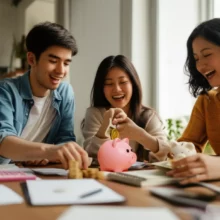 젊은-사람들이-돈을-저축하며-행복해하는-귀여운-3D-이미지,-높은-이자와-짧은-저축-기간을-상징하는-요소-포함