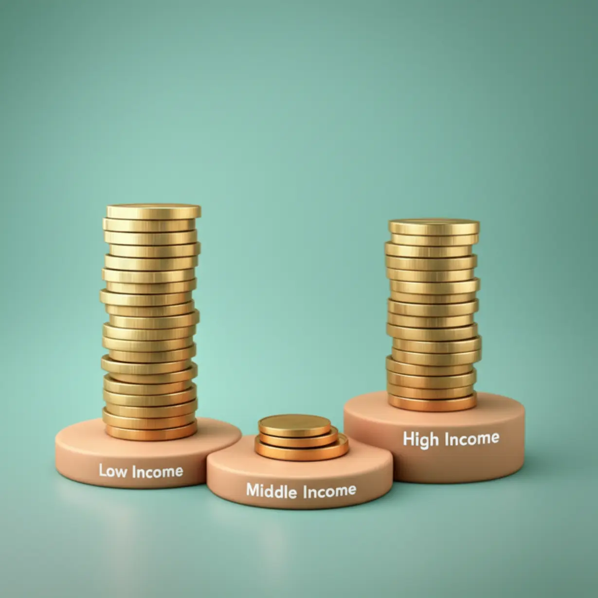 Stacks-of-money-varying-in-height-on-platforms,-symbolizing-differentiated-payments-by-income-level.