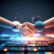 Potential-foreign-investment-in-Korean-digital-industry-depicted-as-a-handshake-between-two-stylized-globes.