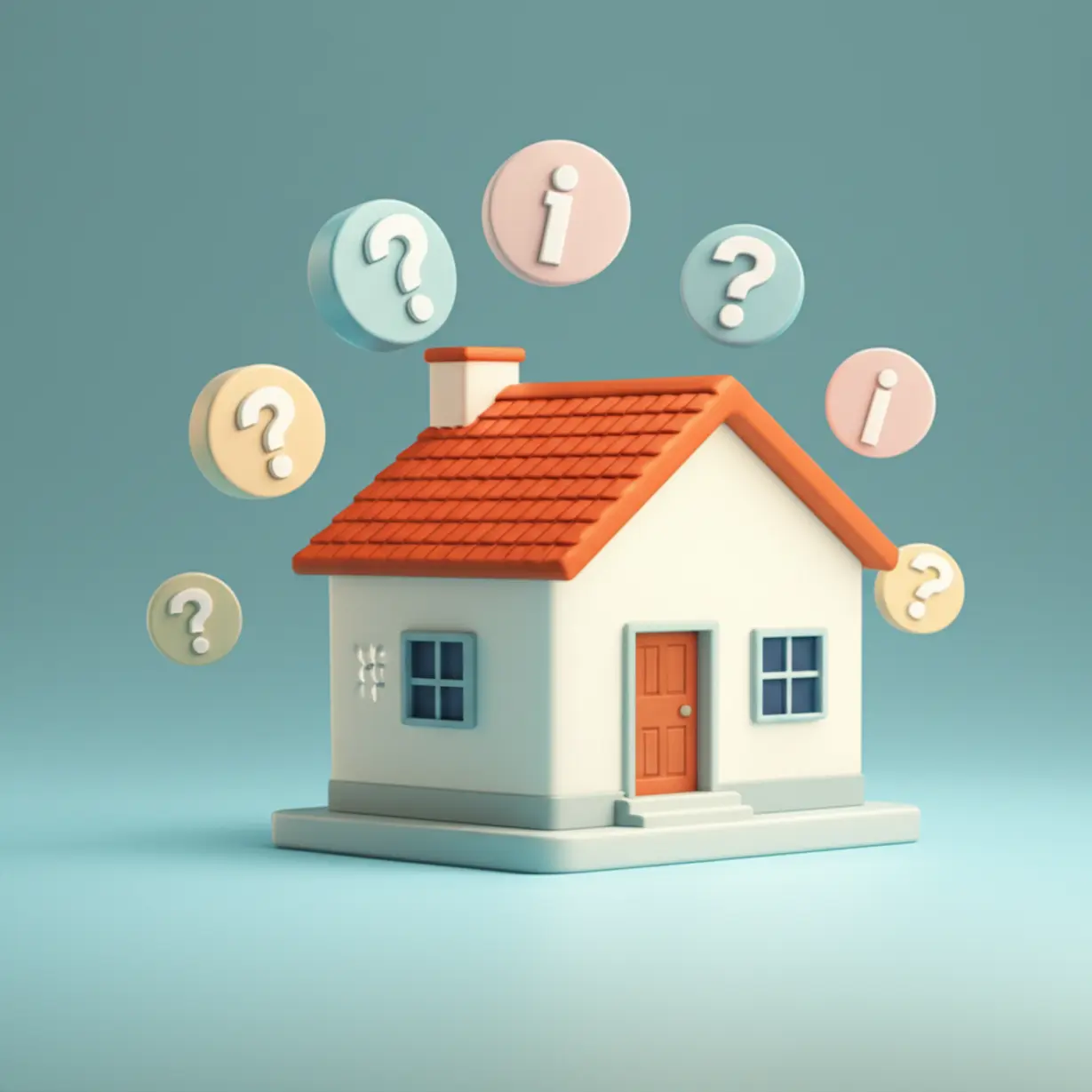 부동산에-대한-궁금증을-쉽게-해결할-수-있음을-나타내는-귀여운-3D-일러스트.-집-아이콘-옆으로-물음표와-정보-아이콘들이-편안하게-떠-있습니다.
