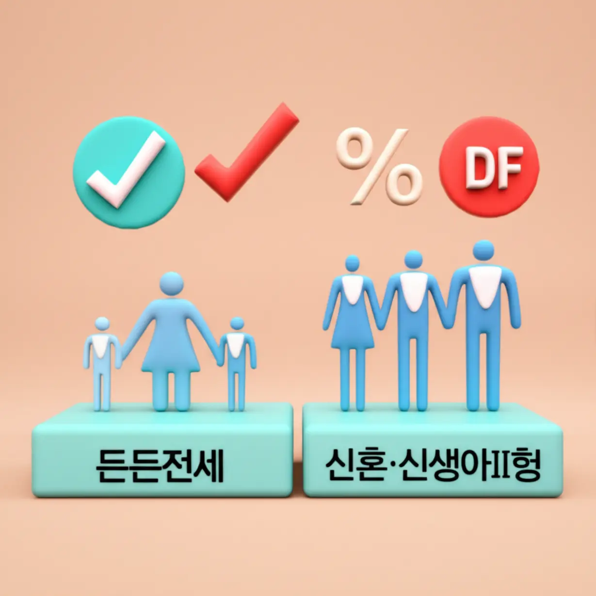 든든전세형과-신혼·신생아Ⅱ형-플랫폼에-서-있는-다양한-가구-형태의-3D-일러스트.-자격-요건을-상징하는-기호가-보입니다.