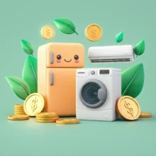 Cute-3D-rendering-of-home-appliances-with-coins-and-energy-saving-leaves.