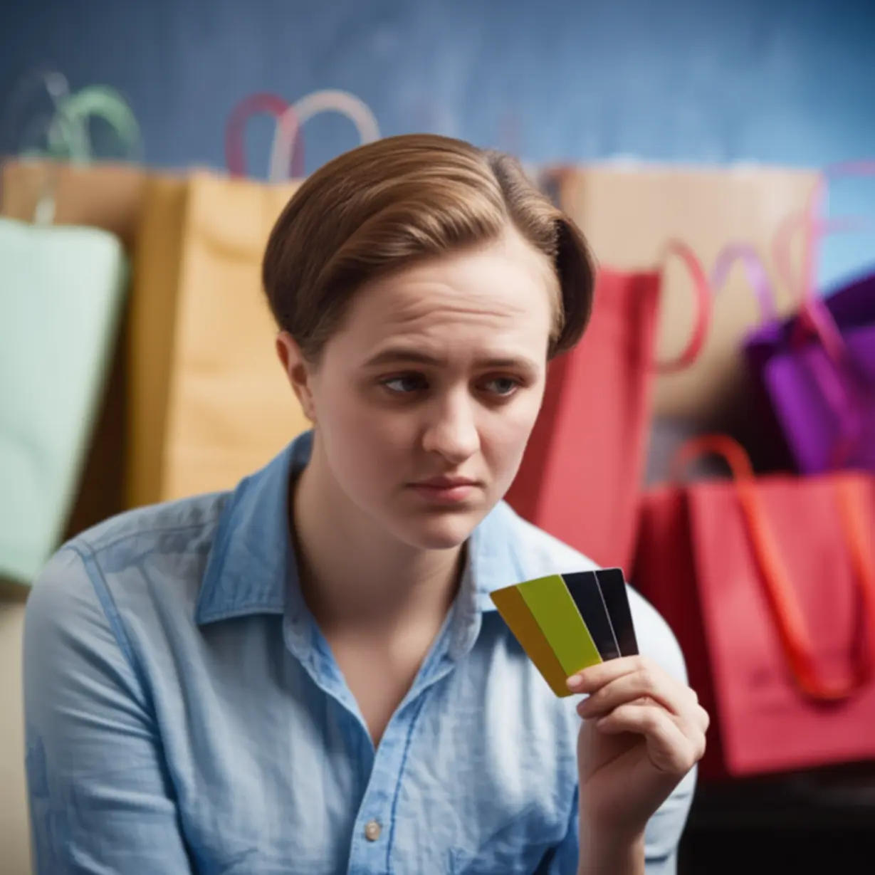 A-person-looking-concerned,-holding-credit-cards-or-surrounded-by-shopping-bags,-symbolizing-the-burden-of-spending-and-debt.