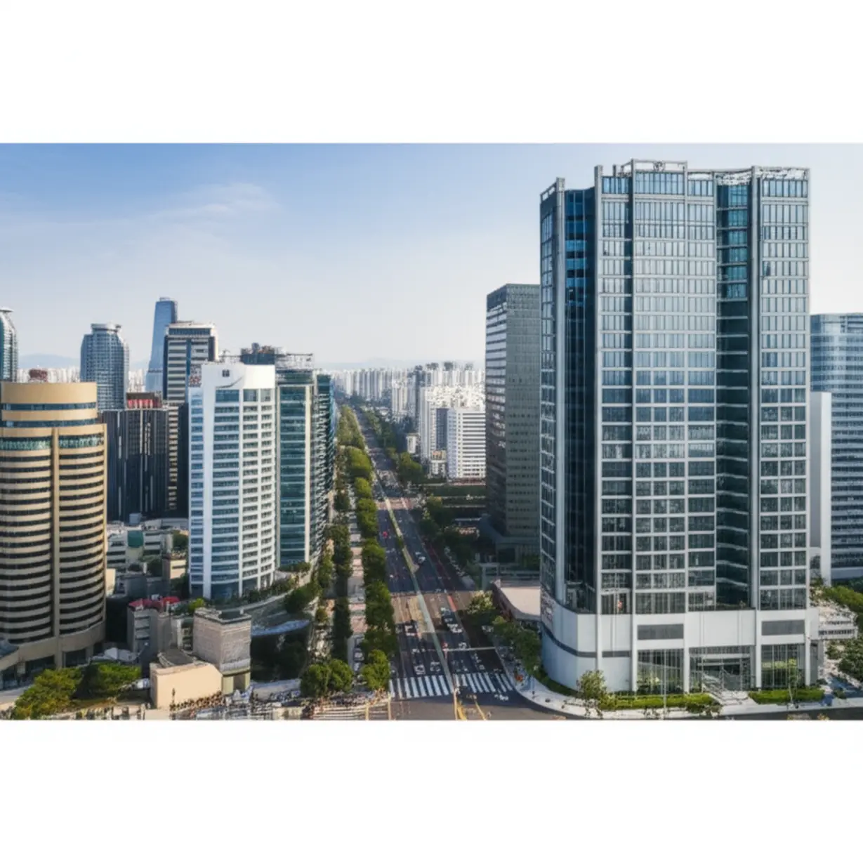 Aerial-view-of-modern-skyscrapers-and-buildings-in-Gangnam,-Seoul,-symbolizing-high-property-values.