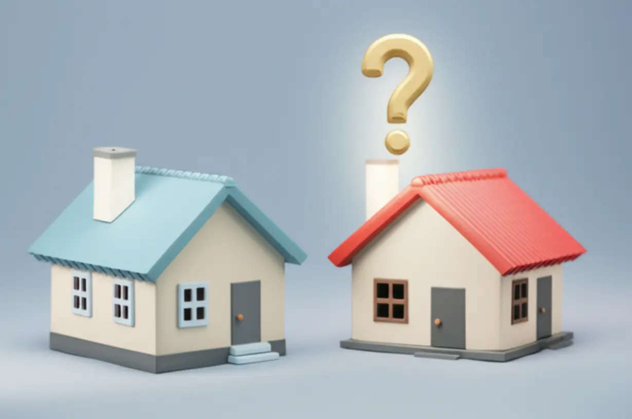 귀여운-집-두-채-중-한-채에-예외-표시가-있는-3D-이미지.-1가구-2주택-비과세-혜택이나-주택수-제외-관련-설명.