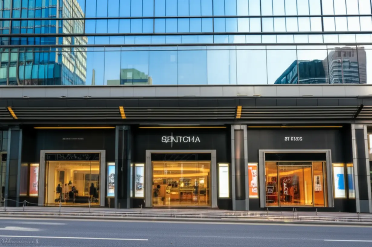 Street-view-of-a-modern-commercial-building-facade-in-Gangnam,-Seoul,-featuring-storefronts-and-potential-advertising-space.