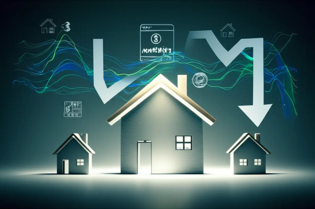 Abstract-symbols-representing-economic-factors-like-interest-rates-and-taxes-interacting-with-house-icons.