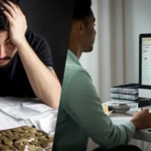 Image-showing-a-contrast-between-financial-struggle-(piles-of-bills,-stressed-person)-and-financial-well-being-(organized-finances,-calm-person).