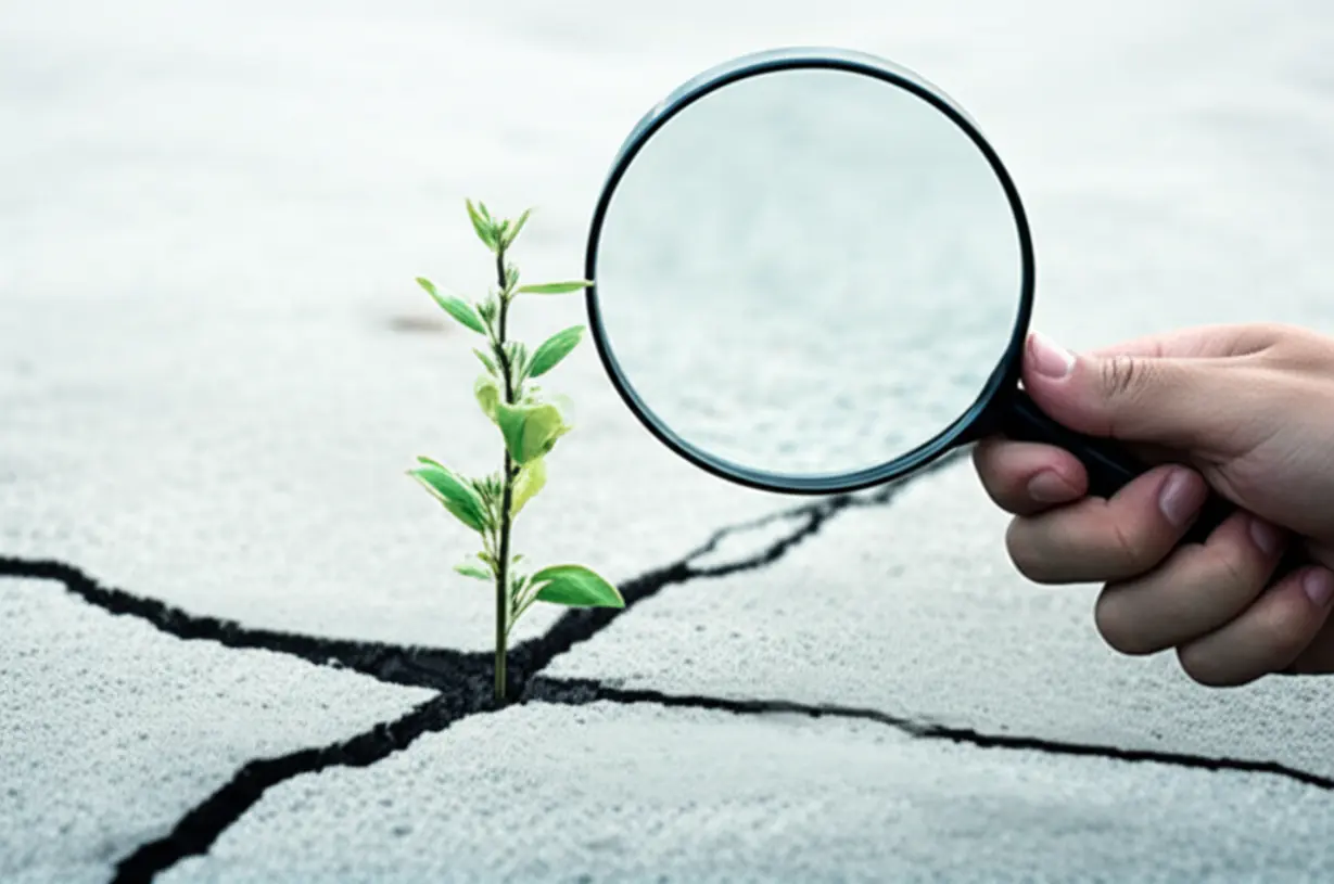 강점에-집중하는-것을-상징하는-돋보기와-실패를-딛고-성장하는-것을-상징하는-콘크리트를-뚫고-나온-식물.