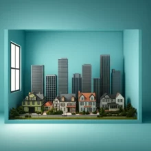 A-3D-rendering-showing-a-modest-single-room-morphing-into-a-scene-with-skyscrapers-and-houses,-symbolizing-wealth-accumulated-through-real-estate.