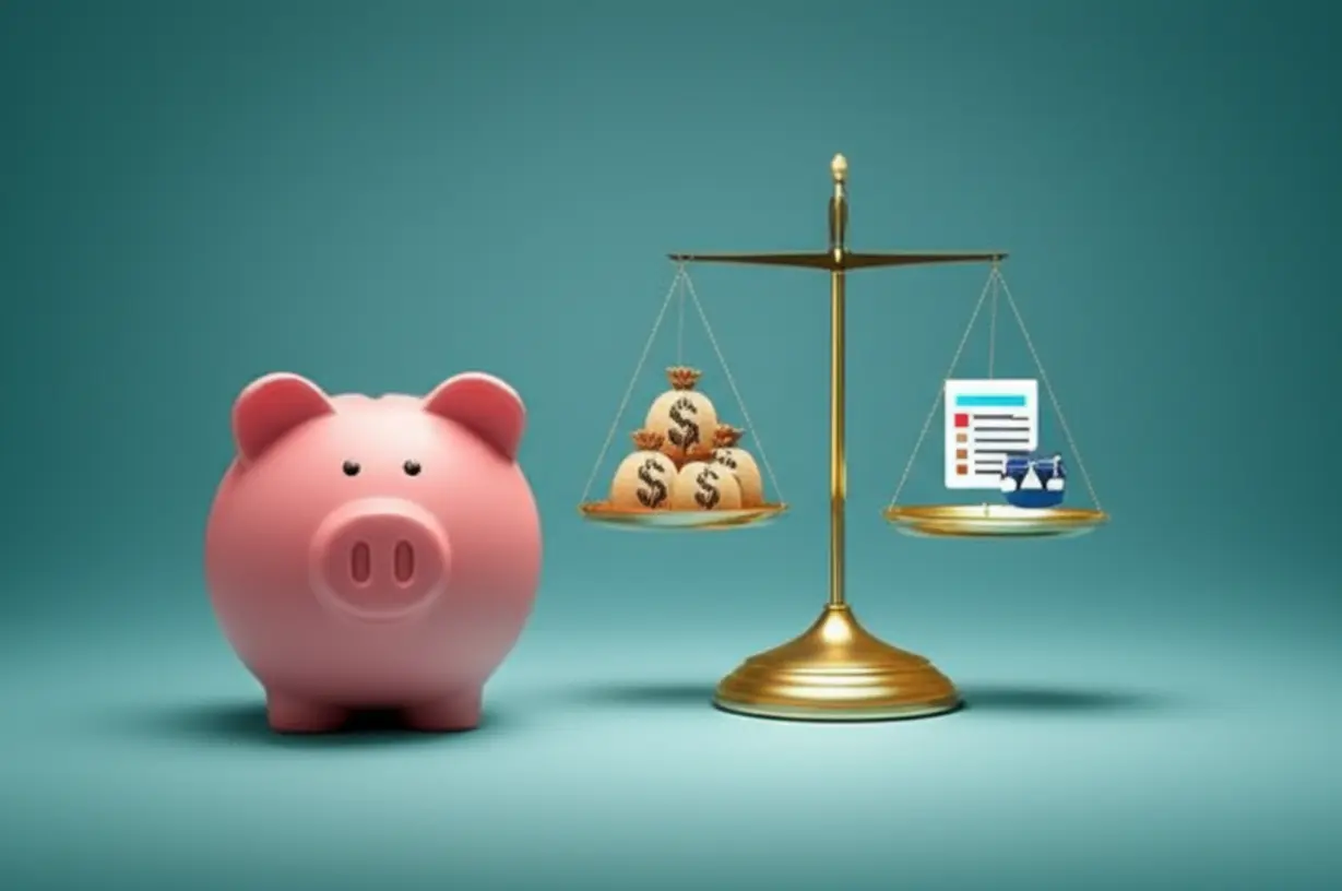 Piggy-bank-and-a-scale-with-money-and-fiscal-icons,-representing-funding-and-fiscal-considerations.