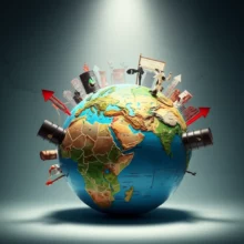 A-3D-rendering-showing-a-map-highlighting-the-Middle-East-amidst-symbols-of-geopolitical-tension-and-economic-fluctuation.