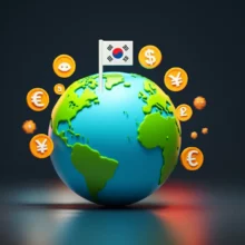 한국-국기가-표시된-세계-지도와-금융-지표들이-있는-귀여운-3D-이미지