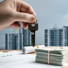 A-hand-holds-a-key,-overlaid-on-a-background-showing-apartment-buildings,-a-lease-contract,-and-Korean-currency,-illustrating-residential-lease-issues.