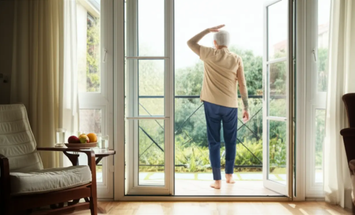 A-person-exercising-lightly-in-a-cozy-home,-symbolizing-health-and-comfortable-living-in-retirement.